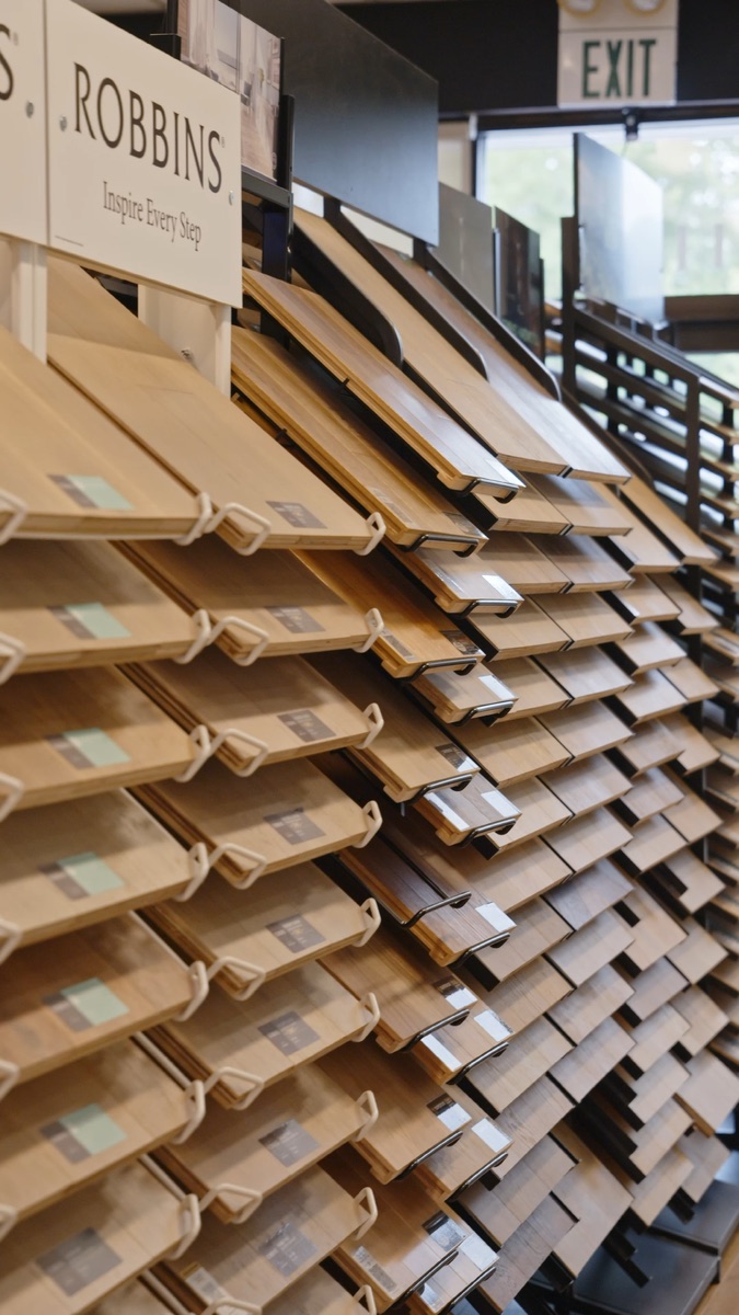 Hardwood flooring sample racks inside the LeviArs Design Center in Kirkland