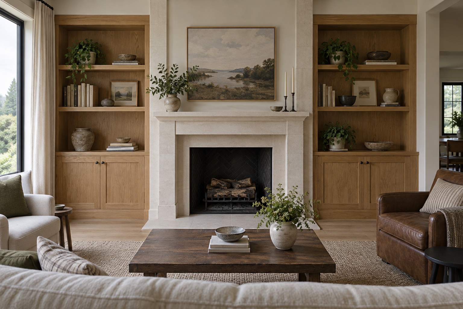 AI-generated design concept of a light stone fireplace framed by oak cabinets and open display shelving