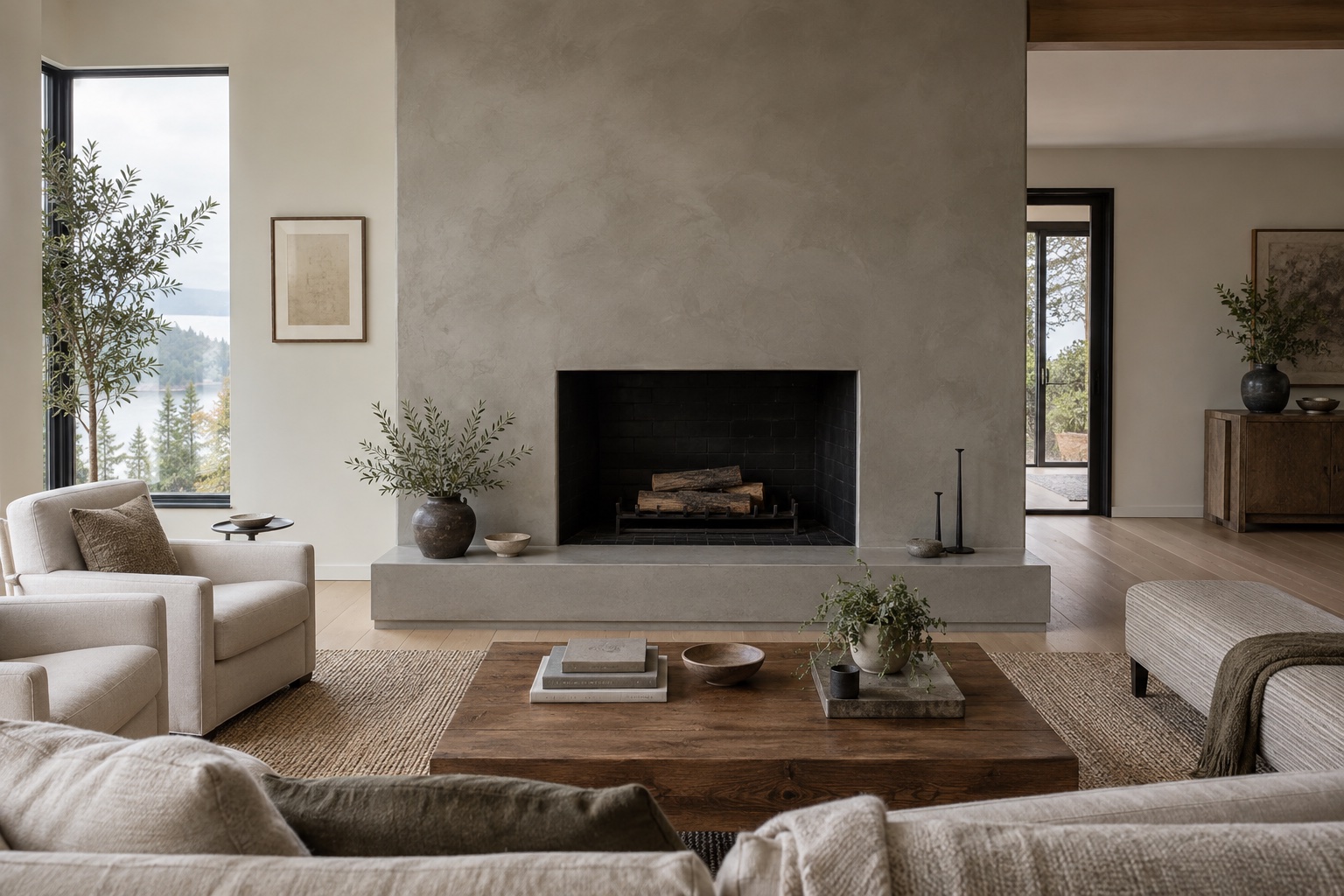 AI-generated design concept of a matte plaster fireplace wall with an inset dark firebox and low hearth