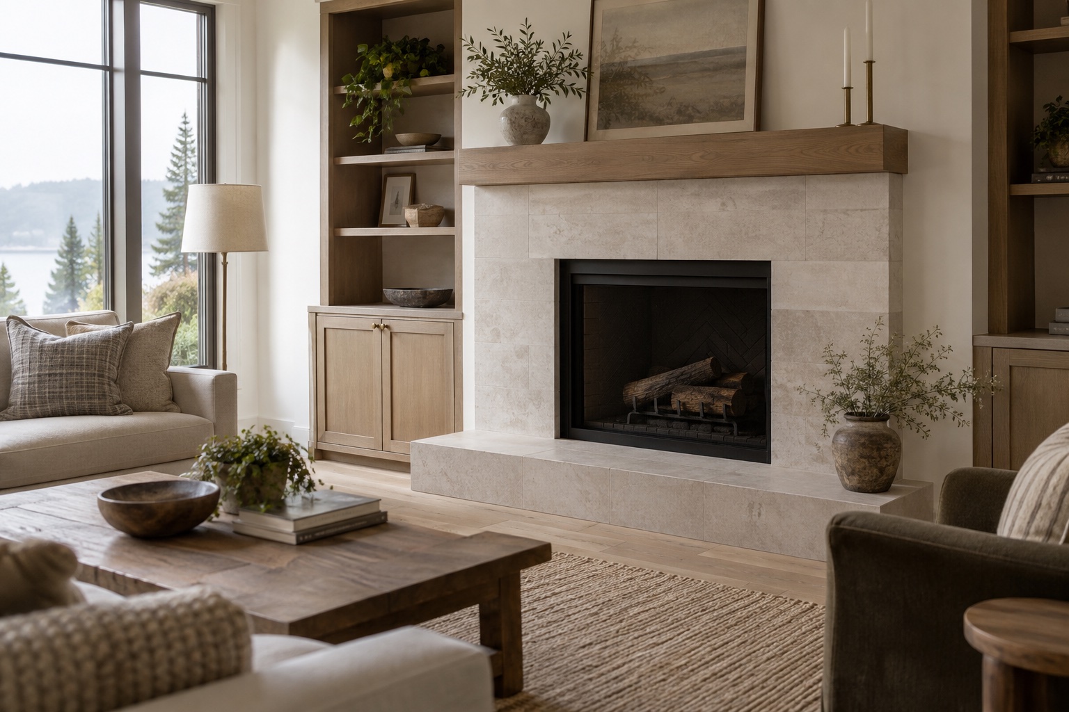 AI-generated design concept of a light tile fireplace surround with an oak mantel and broad hearth