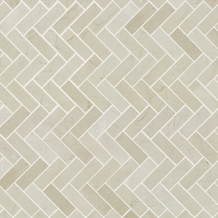 Shaw Floors Chateau Herringbone Mosaic — Crema Marfil · CS57P-00200 — flooring selection with LeviArs Design & Remodeling