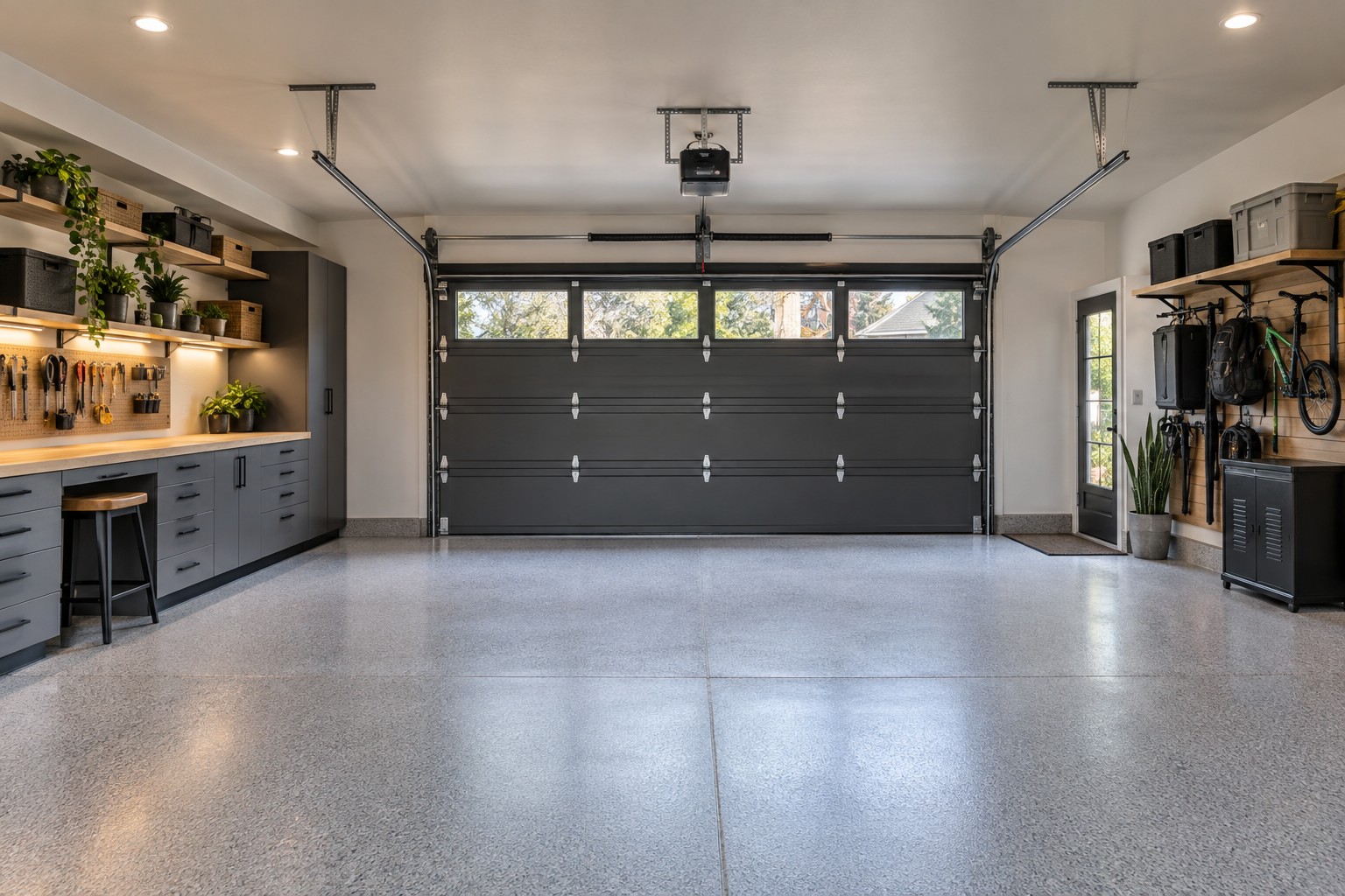 Garage design inspiration with organized wall storage, gray cabinets, a workbench, finished walls and an open central floor