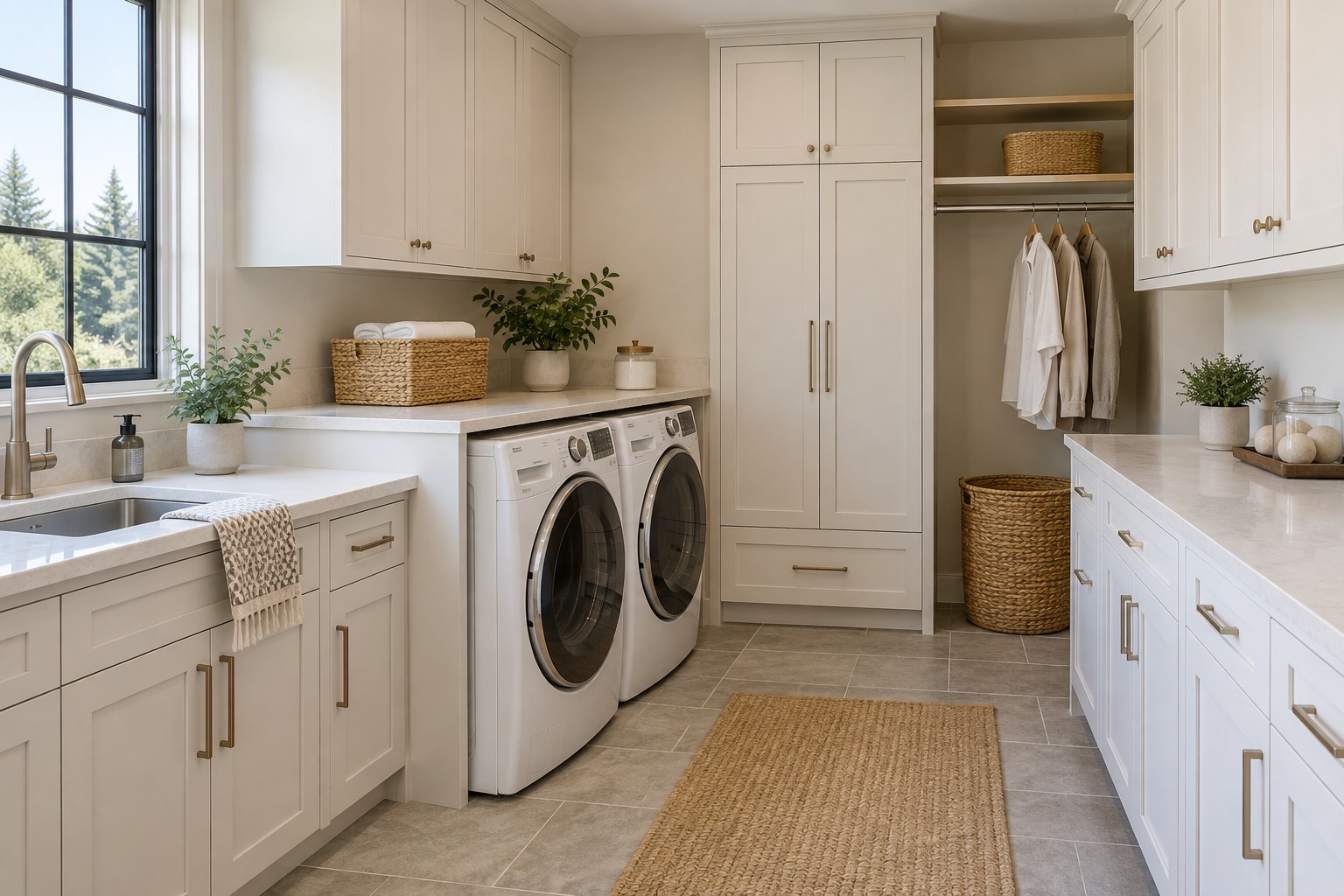 Laundry room design inspiration with light cabinetry, a utility sink, folding counters, side-by-side appliances and hanging storage