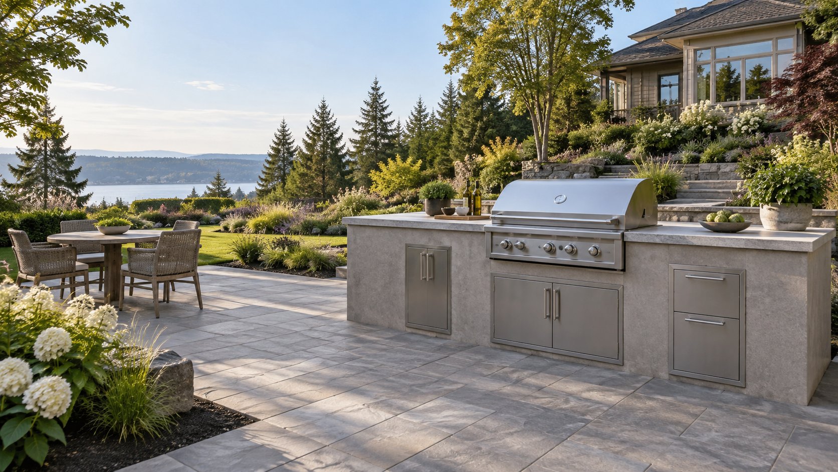 Outdoor kitchen design concept with a freestanding stone island, stainless grill, preparation counters and adjacent dining space