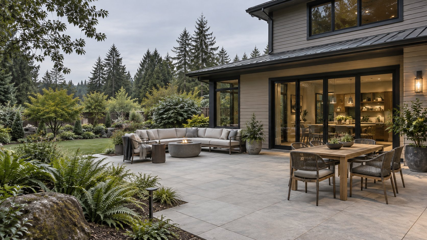 Outdoor living design concept with a paved patio, dining space and garden seating beside a home