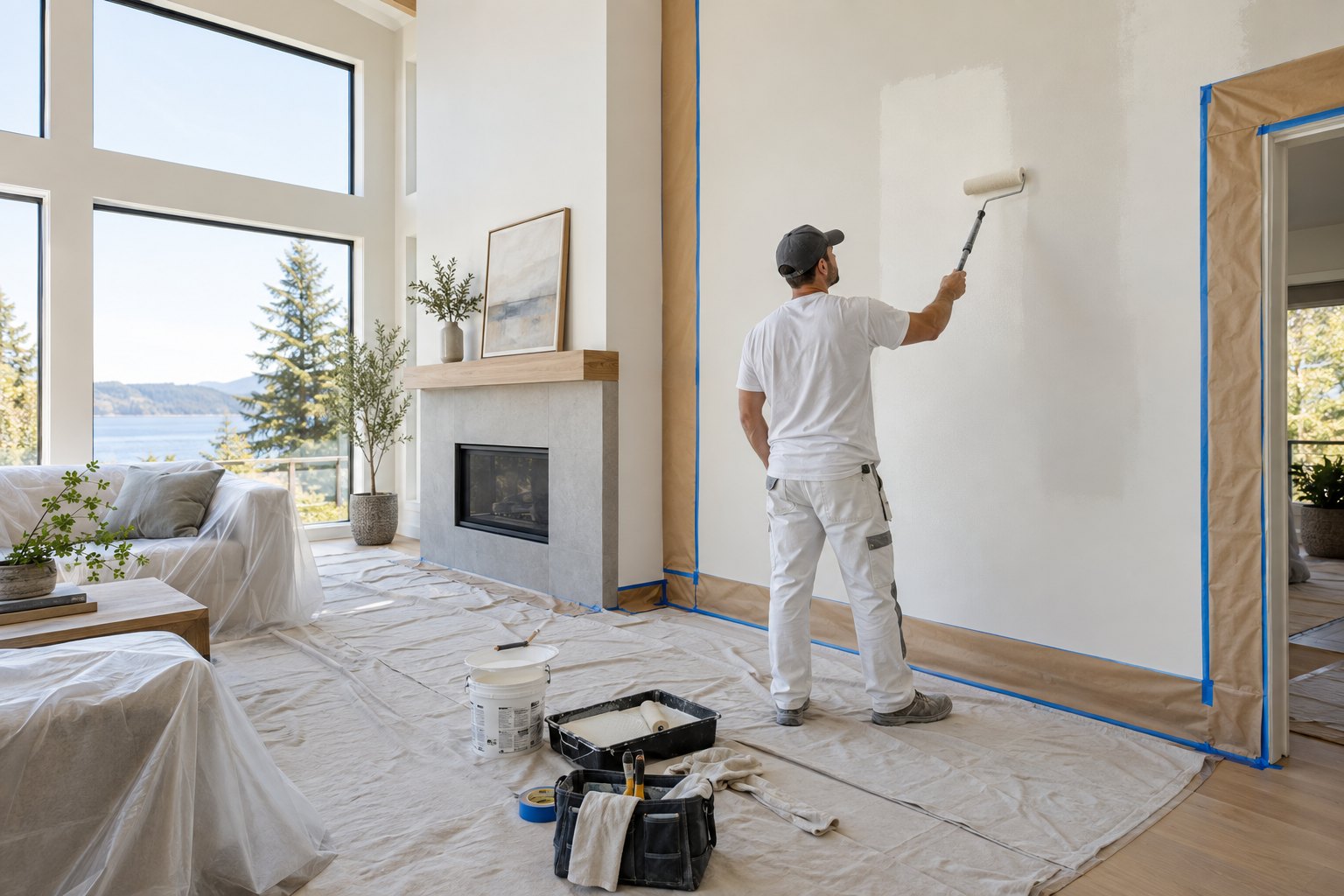 Illustrative painting concept showing a painter rolling a light wall with flooring and furniture protected