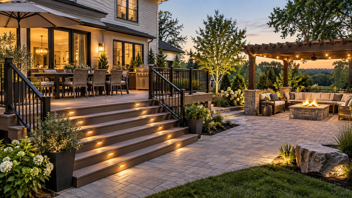 Raised deck and paved patio with wide illuminated stairs, dark railings and garden seating at dusk