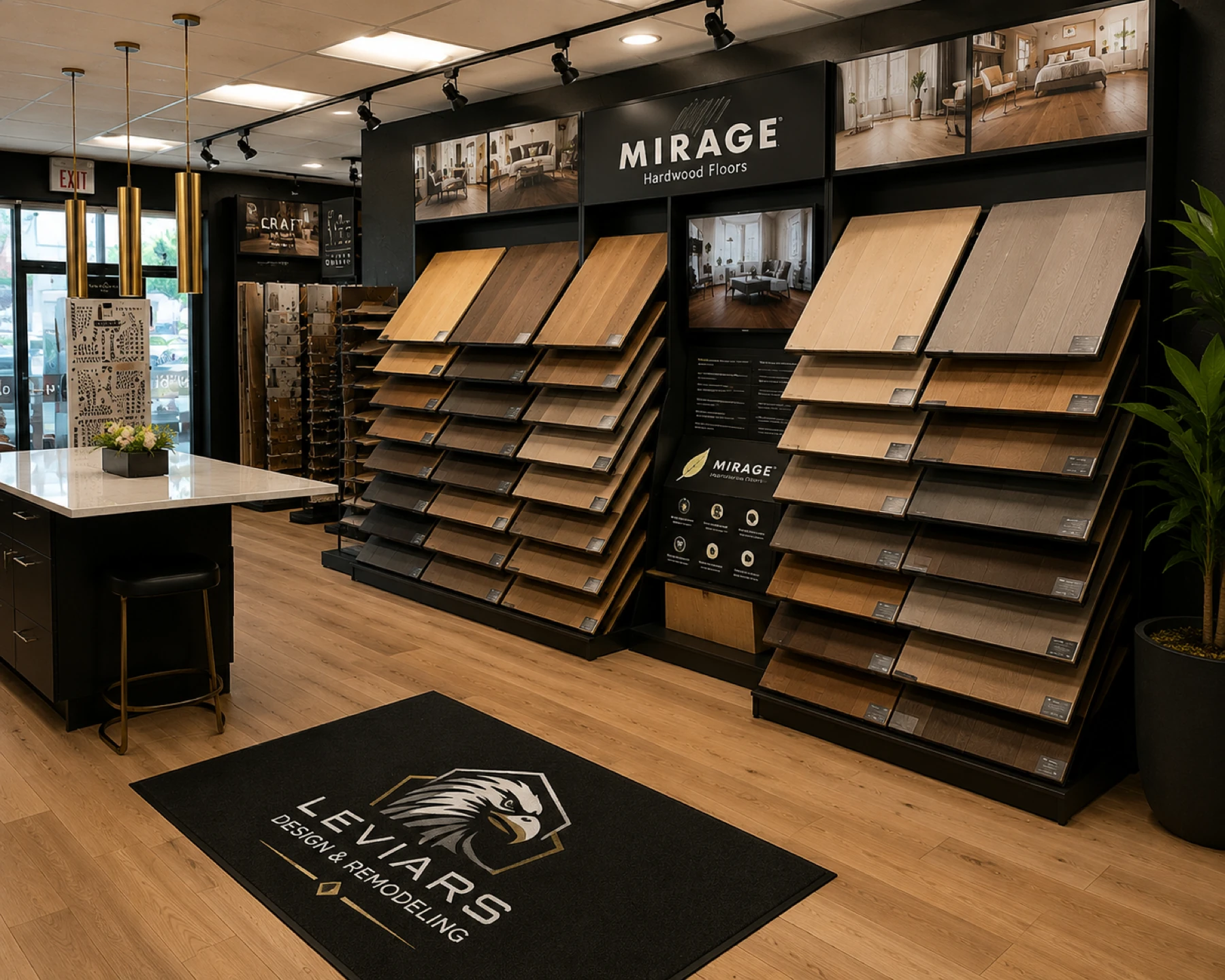 Flooring sample walls, a consultation counter and LeviArs logo rug inside the Kirkland Design Center