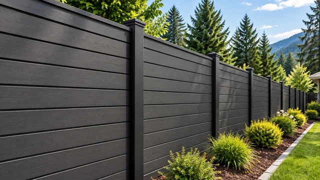 Dark horizontal fence panels and matching posts beside garden planting