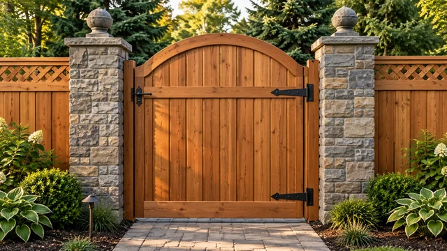 Arched wood-look pedestrian gate between masonry-style columns