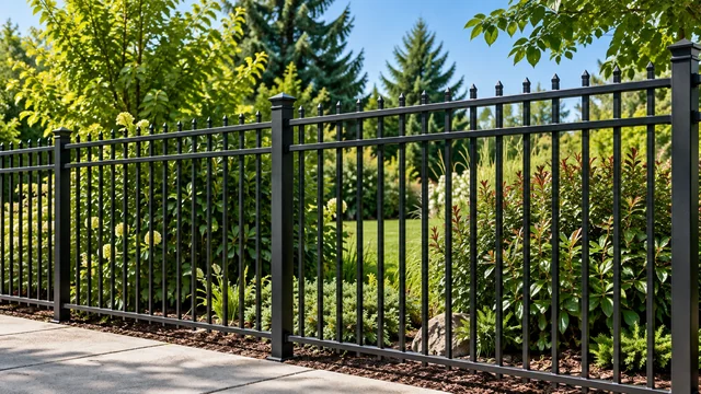 Black open-picket fence beside a green lawn and garden bed