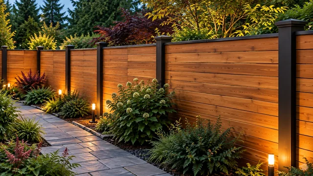 Horizontal wood-look fence with dark posts, planting beds and a paved garden path