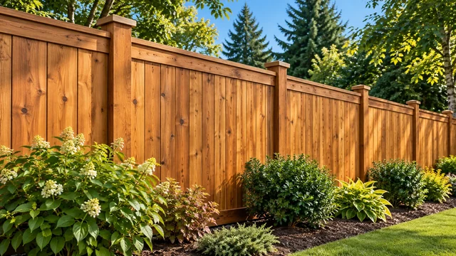 Vertical wood-look privacy fence beside green planting beds