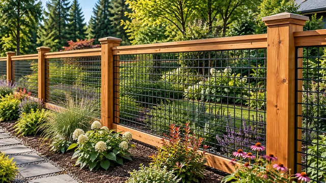 Open wood-frame fence with wire infill along a garden path