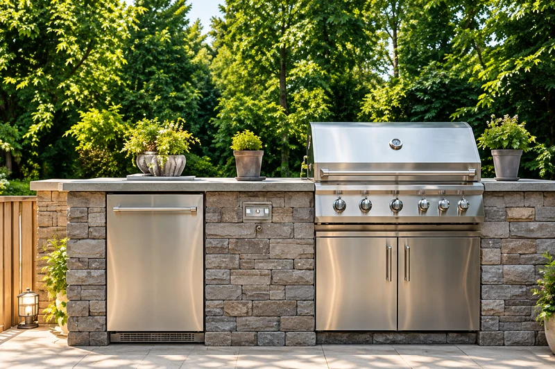 Compact stone grill island with a stainless-steel barbecue, cabinet storage and garden planting