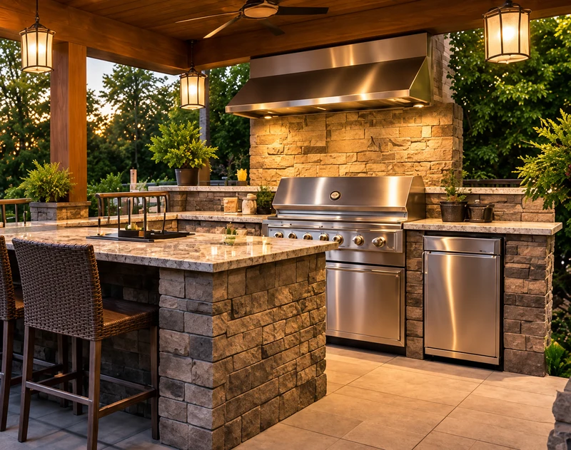 Outdoor kitchen with a built-in stainless-steel grill, stone-look cabinetry and garden dining area