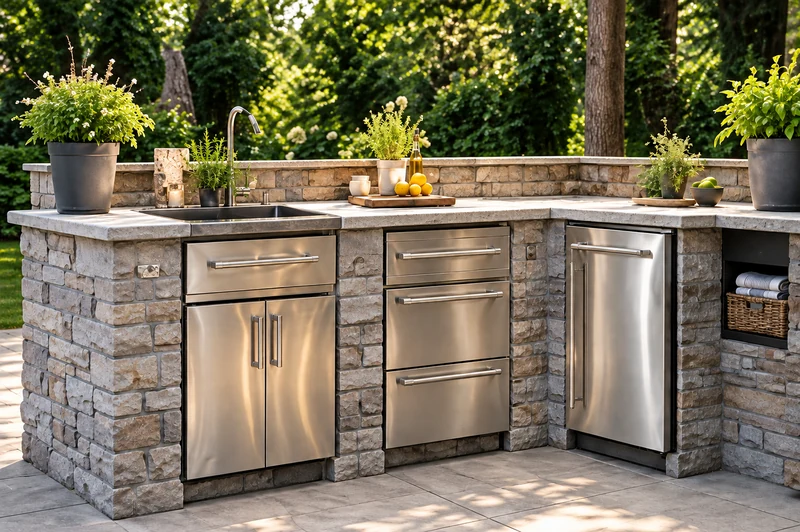 L-shaped outdoor preparation counter with a sink, stainless-steel drawers and cabinet doors