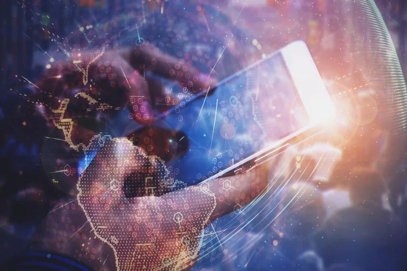 Hand holding a smartphone with a digital network illustration